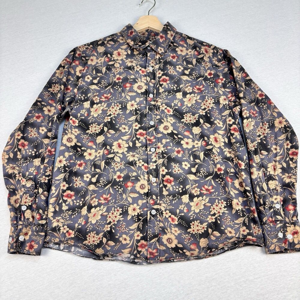 Tunevuse Shirt M Navy Beige Red Floral Long Sleeve Button Up Cotton